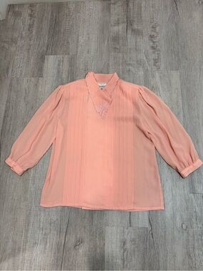 Vtg 80s Diversity Peach Salmon Blouse Pleated Embroidered Collar Sz 12 Korea